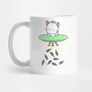 Funny white Cat is flying a spaceship Mug